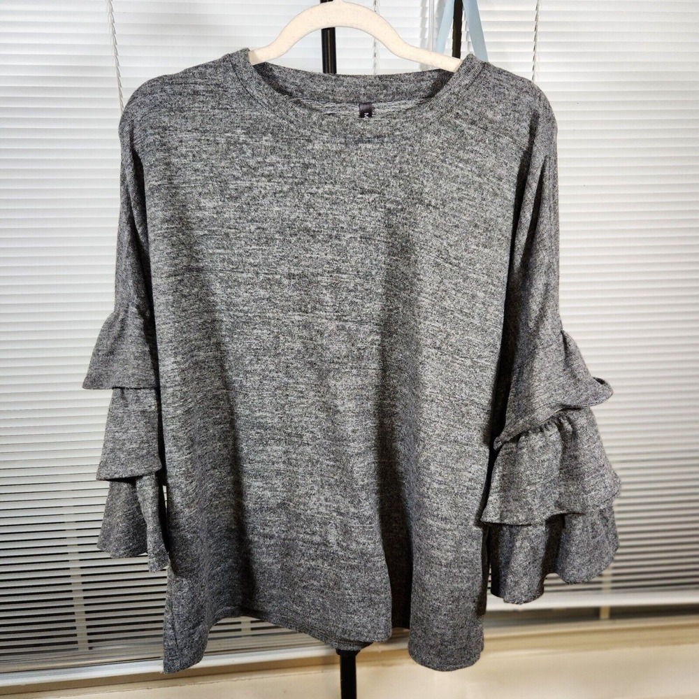 Massini $58‎ XL Gray Heather Marble Pullover Ruffle Sleeve Stretch Knit Top